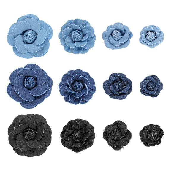 12 Pack 4 Sizes Denim Fabric Flowers, Denim Cloth Flower Patch, Flower Sewing Fabric Appliques for Dresses Decoration, DIY Crafts Supplies, Light Blue / Blue / Black