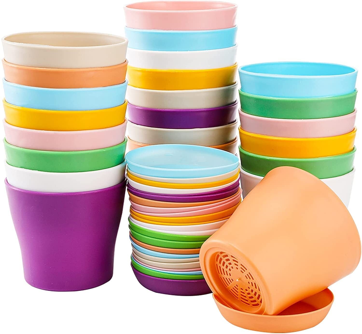 12 Pack 4" Small Plastic Plant Flower Pot with Saucers, Seedlings Nursery Pots Planter with Pallet Planting Gardening Containers - Assorted 8 Colors