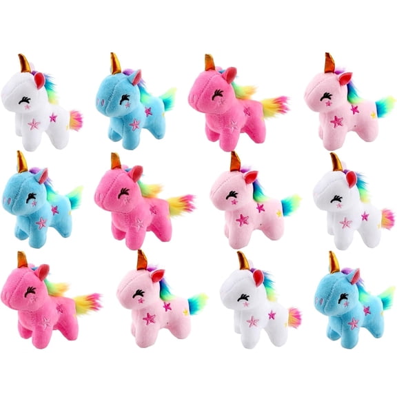 12 Pack 4" Unicorn Plush Toys, Small Stuffed Unicorn Cute Plush Keychain Stuffed Animal Toys Bulk for Christmas Birthday Wedding Party Favors, 4 Colors
