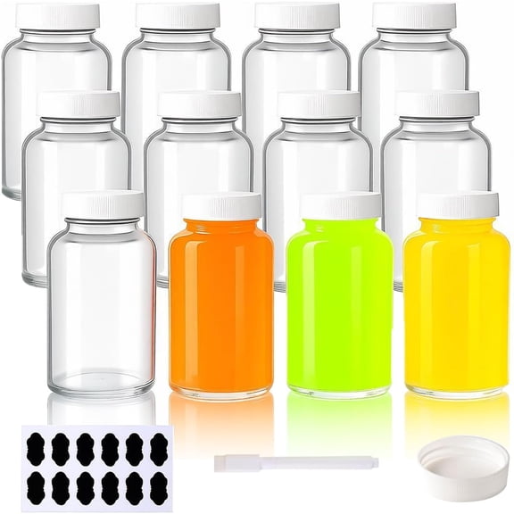 12 Pack 4 oz Glass Juice Shot Bottles with Caps, 120 ml Empty Wellness