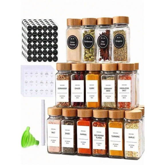 12 Pack 4 oz Glass Spice Jars with Labels and Acacia Wood Lids, Square Seasoning Containers with Shaker Lids, Spice Bottles for Cabinet and Drawer