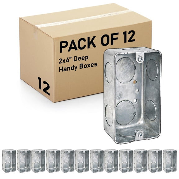 12 Pack 4 x 2 Inch Single-Gang Deep Metal Handy Electrical Box, 2-1/8" Depth, Welded Steel, 3/4" Knockouts,<br>Surface Mount Utility Box