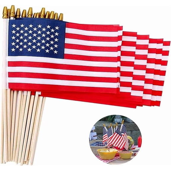 12 Pack 4''x6'' of Small American Flags on Sticks, 4x6 Inch Mini Handheld US Flags Stick with Solid Wooden Pole Safety Spear Tip for Yard, Memorial Day, 4th of July, Independence Day Decorations
