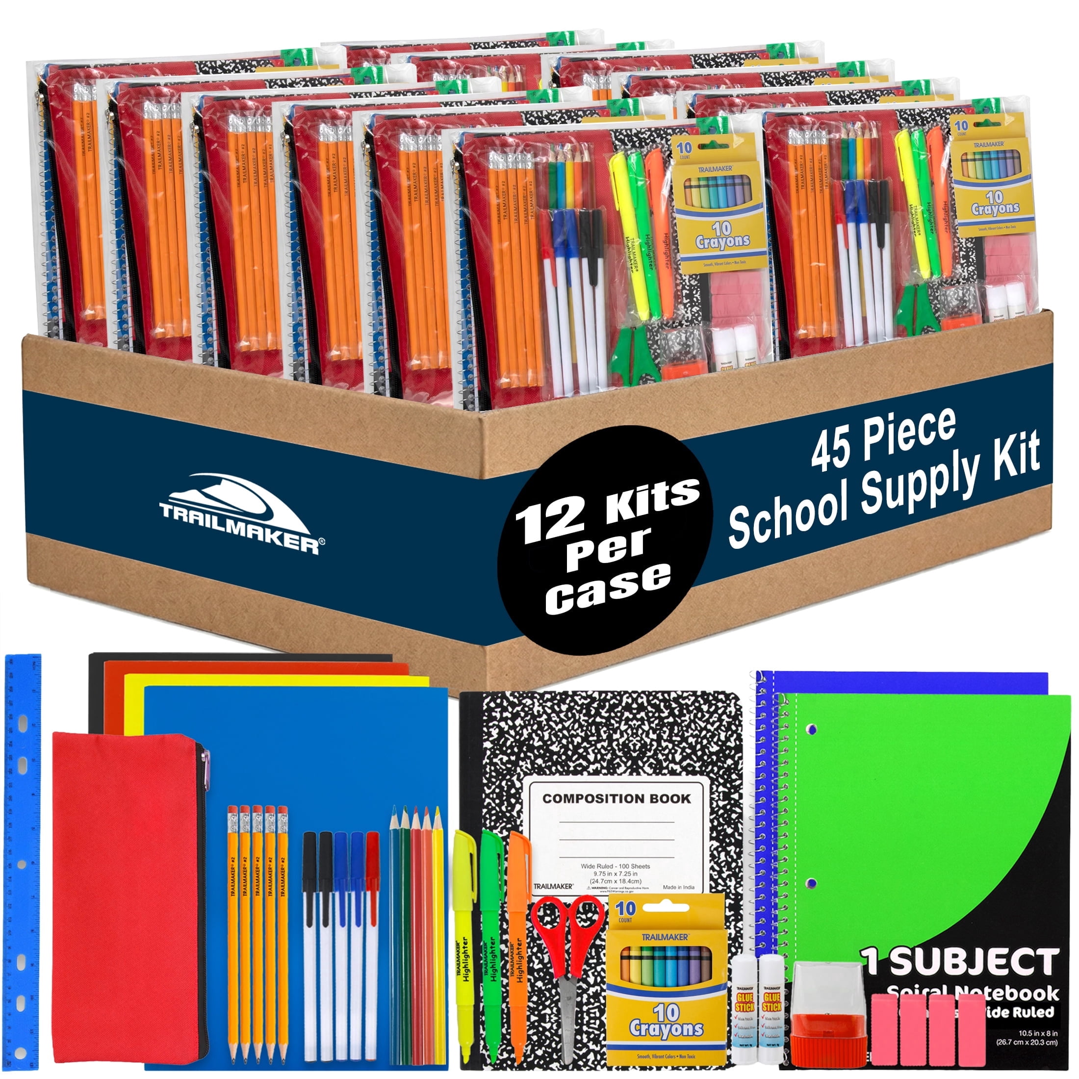 12 Pack of 45 Piece Stationary Supply Kits Containing 2 Spiral Notebooks, 4 Colored Folder, 5 Pens, 5 Pencils, 10 Crayons, 4 Erasers, 1 Pencil Case, 1 Sharpener, & More!
