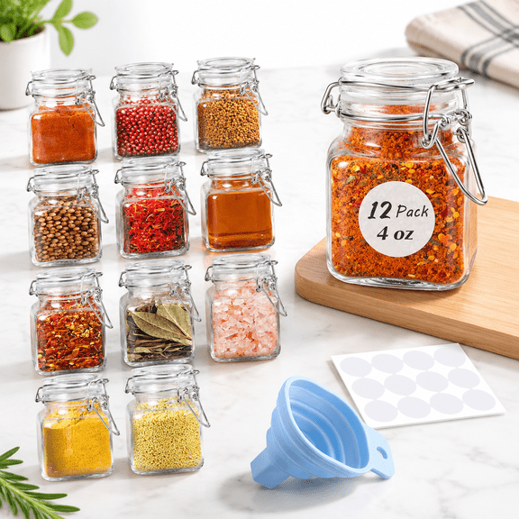 12 Pack 4oz Clear Square Glass Spice Jars with Airtight Hinged Lids