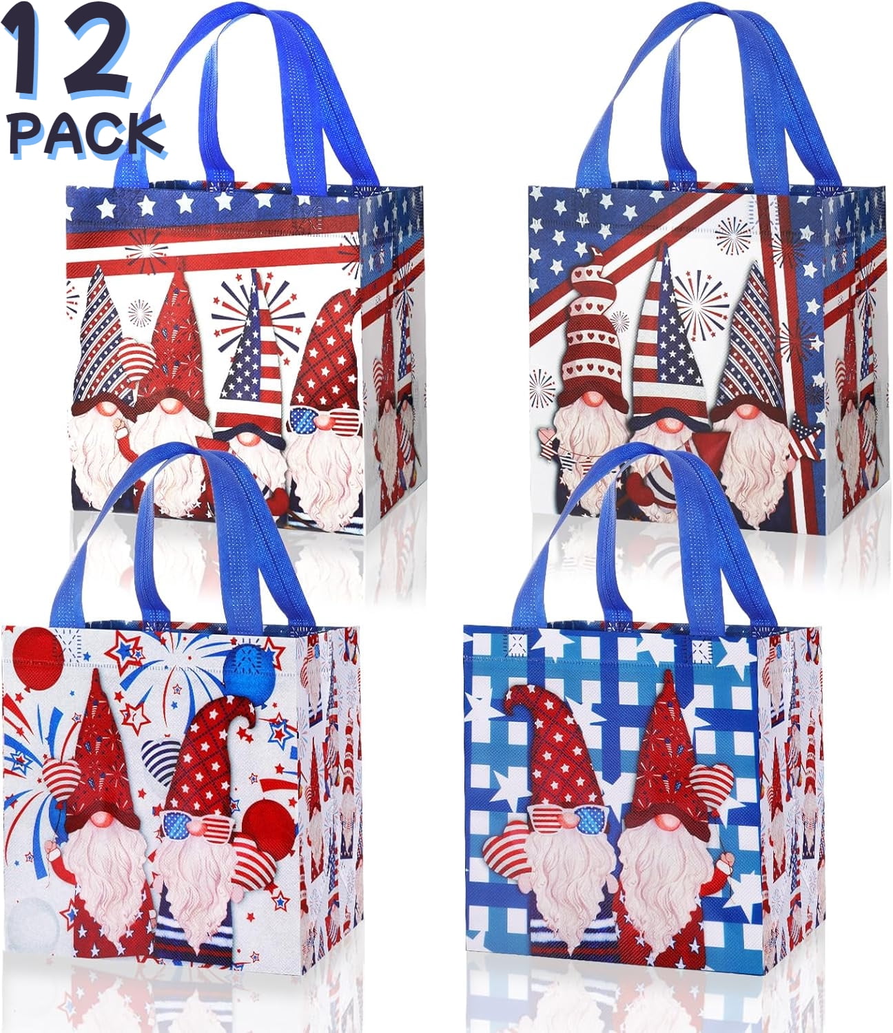 12 Pack 4th of July Gift Bags with Handle, American Flag Blue White and Red Patriotic Woven Bags for Independence Day Party Favor Decorations Supplies, Reusable Treat Bags