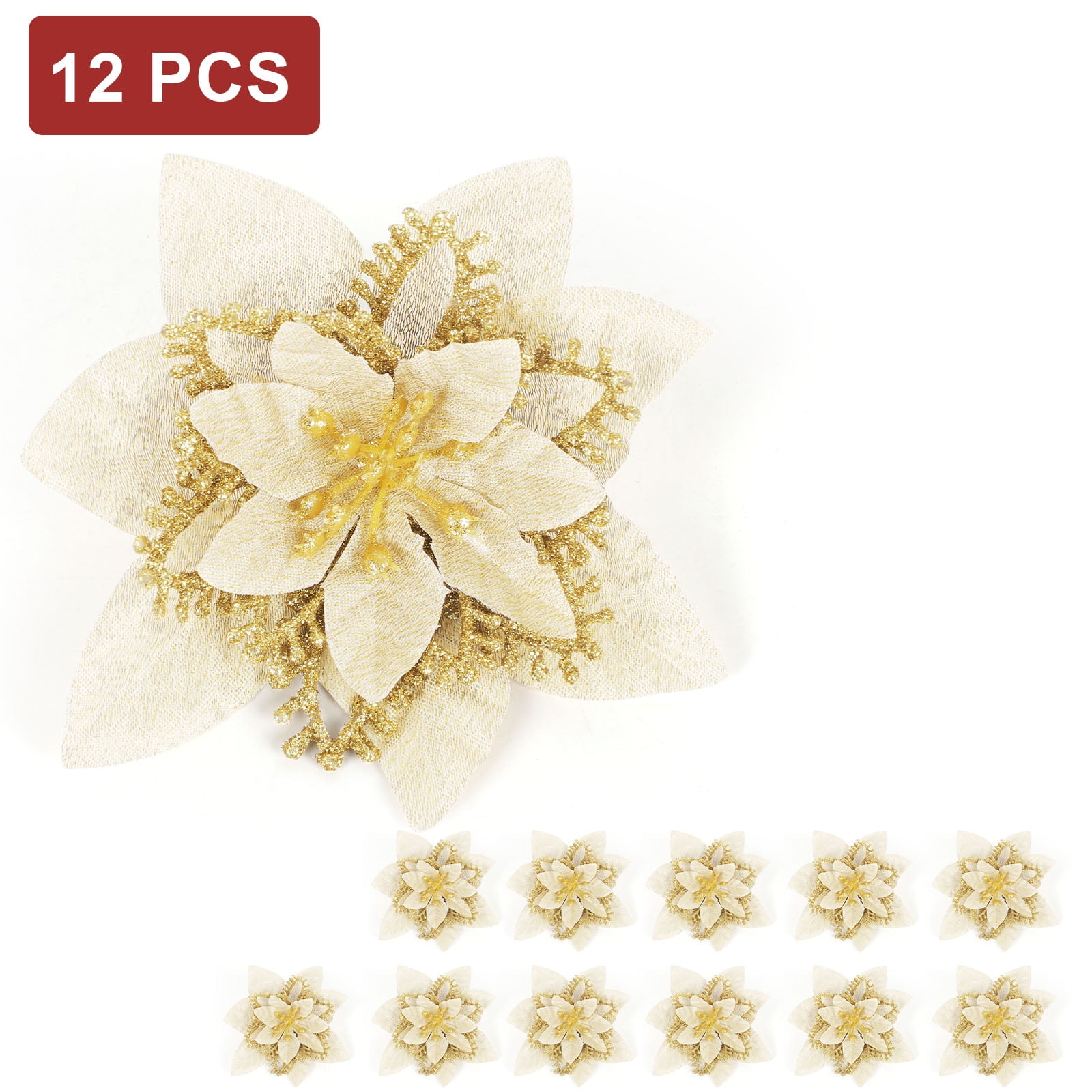 12 Pack 5.5" Artificial Poinsettia Christmas Tree Ornaments Decorations, Gold