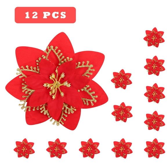 12 Pack 5.5" Artificial Poinsettia Christmas Tree Ornaments Decorations, Red and Gold