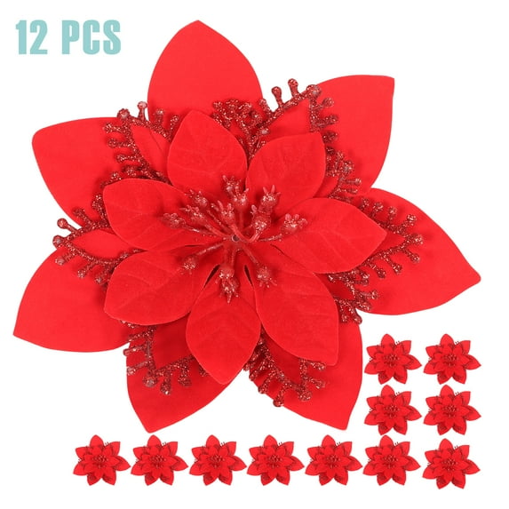 12 Pack 5.5" Artificial Poinsettia Christmas Tree Ornaments Decorations, Red