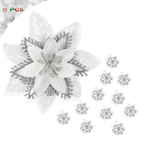 12 Pack 5.5" Artificial Poinsettia Christmas Tree Ornaments Decorations, Silver