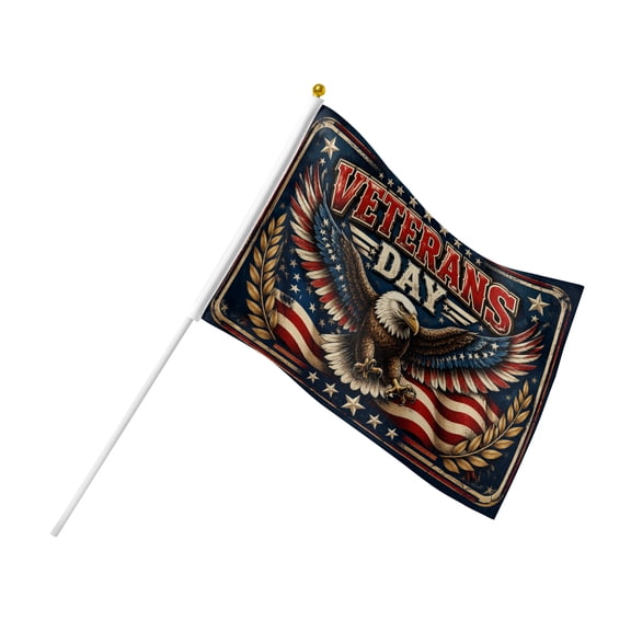 12 Pack 5.5 x 8.2 Inch Double Sided Hand Waving Flags, Veterans Day Eagle and American Flag Design with Stars and Laurel for Commemorations, Parades and Displays