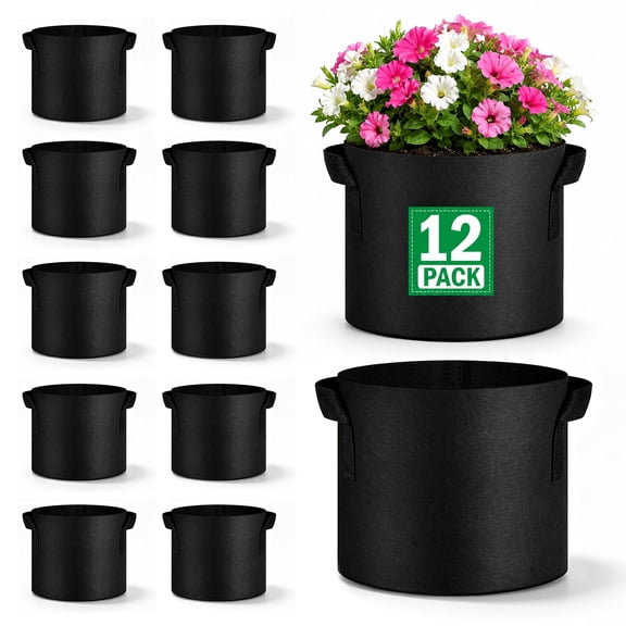 12 Pack 5 Gallon Grow Bags, Black Thick Non-Woven Fabric Plant Pots with Reinforced Handles, Breathable Aeration Planter Containers for Indoor and Outdoor Vegetable, Flower and Garden Planting
