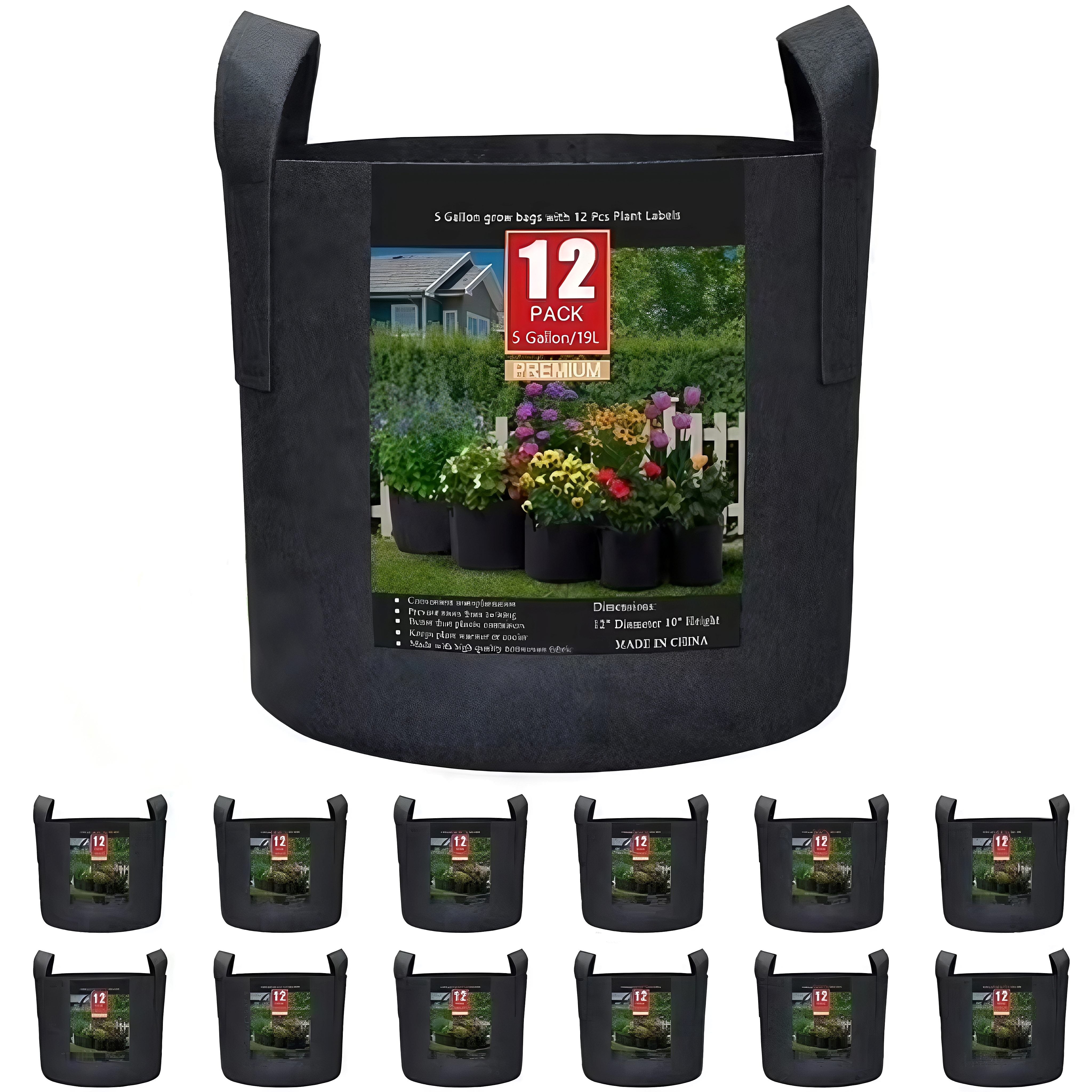 PUCACHI 12 Pack 5 Gallon Fabric Grow Bags with Handles, Drainage, Plant Labels for Vegetables Flowers and Plants