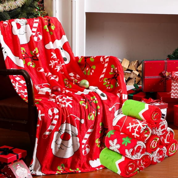 12 Pack 59" x 40" Christmas Fleece Blankets Bulk for Homeless Supplies, Soft Snowflake Deer Snowman Holiday Printed Blankets for Xmas Donation Winter Couch Bed Party Favors(Vivid Style)