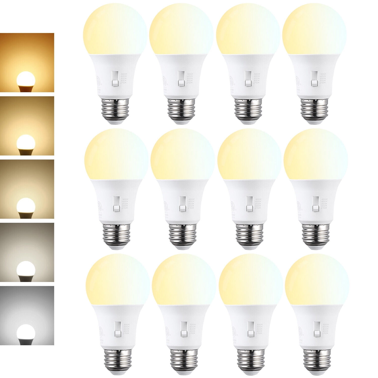 12 Pack 5CCT A19 LED Light Bulb, Dimmable, E26 Base, 8W, 2700K/3000K/3500K/4000K/5000K Selectable, 800LM