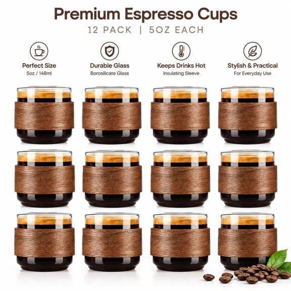 12 Pack 5oz Espresso Glass Cups, Small Clear Coffee Shot Mugs with Wood Insulating Sleeve, Borosilicate Glass Drinking Cups for Espresso, Latte, Tea, Home, Cafe and Countertop Beverage Serving