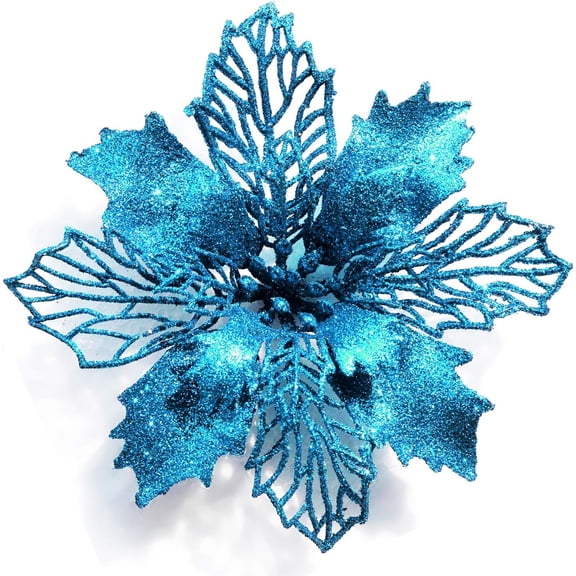 12-Pack 6.3'' Glitter Poinsettia Flowers Artificial Christmas Flowers Christmas Tree Flowers Wreath Tree Ornaments with 12 Pcs Green Flower Stems