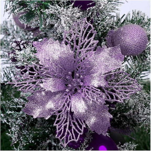 12-Pack 6.3'' Glitter Poinsettia Flowers Artificial Christmas Flowers Christmas Tree Flowers Wreath Tree Ornaments with 12 Pcs Green Flower Stems