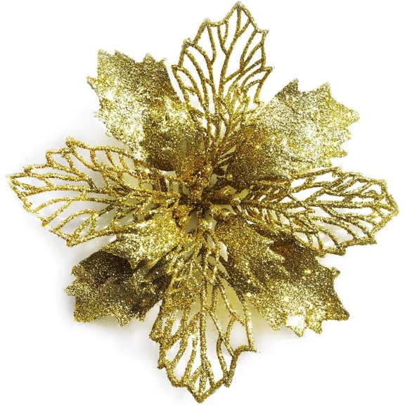 12-Pack 6.3'' Glitter Poinsettia Flowers Artificial Christmas Flowers Christmas Tree Flowers Wreath Tree Ornaments with 12 Pcs Green Flower Stems