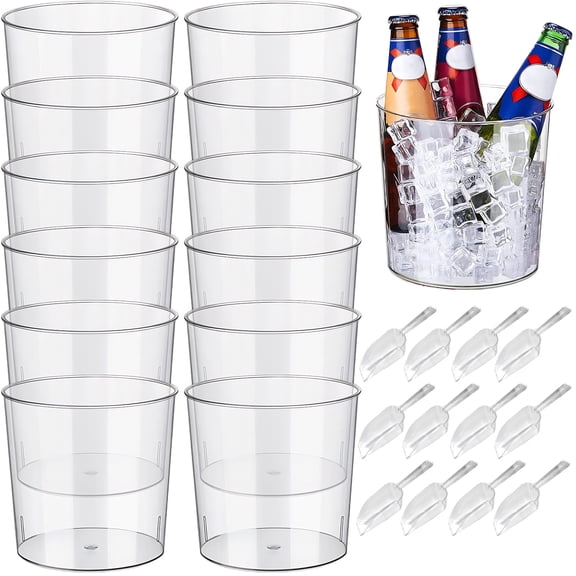 12-Pack 6.5 in Clear Plastic Ice Bucket Multi-Purpose Wine/Champagne/Beer Cooler with Ice Tongs, Snack Tub, Kettle Corn Bowl, Vase BPA-Free, Food-Grade, Durable & Stylish