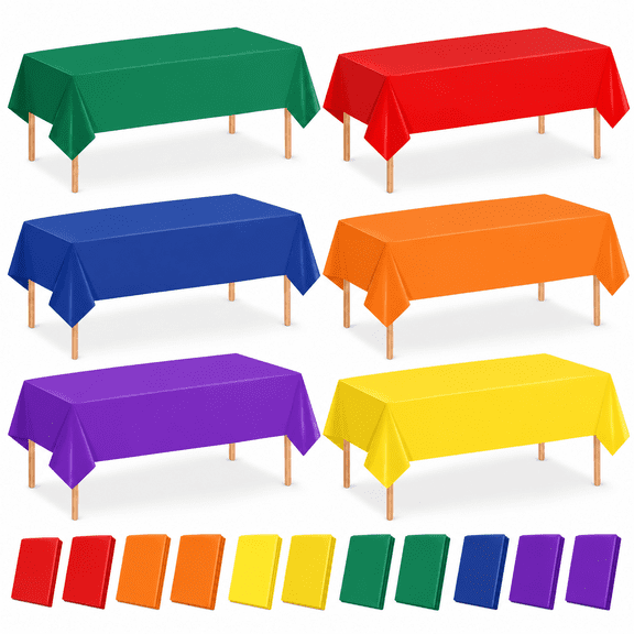12 Pack 6 Color Rainbow Theme Tablecloth Assorted Color Plastic Tablecloth Disposable Colorful Rectangle Table Covers for Fiesta Wedding Birthday Picnic Graduation Party Decorations, 54 x 108 Inch