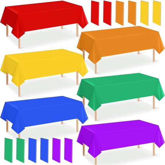12 Pack 6 Color Rainbow Theme Tablecloth Assorted Plastic Disposable Colorful Rectangle Table Covers for Fiesta Wedding Birthday Picnic Graduation Party Decorations, 54 x 108 Inch