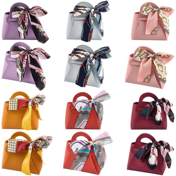 12 Pack 6 Colors Small Party Favor Boxes Reusable PU Leather Gift Candy Wrapping Bags with Handle Ribbon Mini Handbags for Weddings Party Guest Gift
