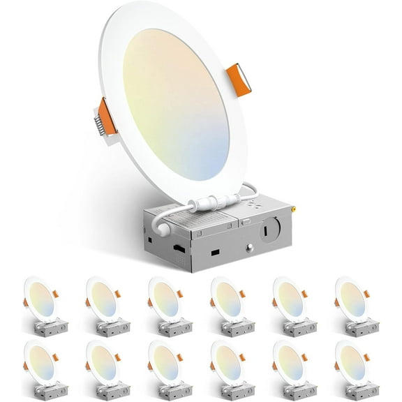 12 Pack 6 In 5CCT Ultra-Thin LED Recessed Ceiling Light with Junction Box, 1050LM Brightness, Dimmable Canless Wafer Downlight, 12W, ETL&FCC