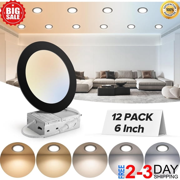12 Pack 6 Inch 12W 5CCT Ultra-Thin LED Recessed Ceiling Light with Junction Box