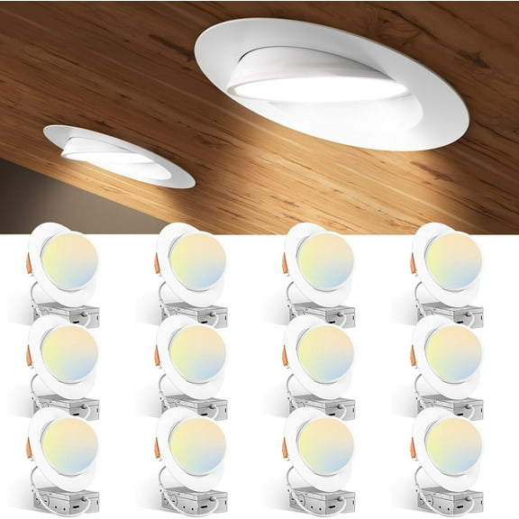 12 Pack 6 Inch 5CCT Gimbal LED Recessed Ceiling Light, 360&90 Adjustable Eyeball Directional Can Lights, Dimmable Retrofit Wafer Downlight with Jbox, 12W 1200LM CRI90+, White, ETL&FCC