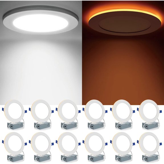 12 Pack 6 Inch 5CCT LED Canless Recessed Lighting with Night Light, 2700K/3000K/3500K/4000K/5000K Selectable Ultra-Thin LED Ceiling Lights, 12W=110W, 1050LM, Dimmable Wafer Downlight ETL&FCC