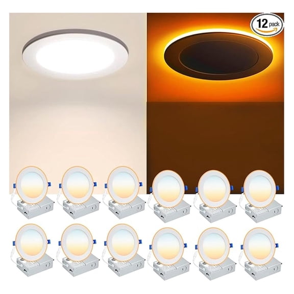 12 Pack 6 Inch 5CCT LED Recessed Ceiling Light with Night Light, 2700K/3000K/3500K/4000K/5000K Selectable Ultra-Thin Recessed Light, 12W=110W, 1050LM LED Recessed Light Dimmable, ETL Listed