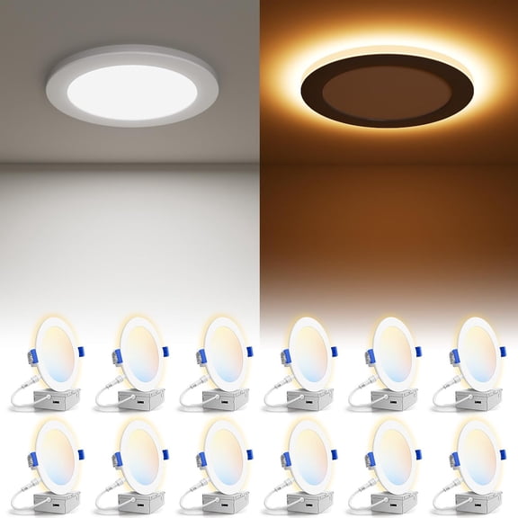 12 Pack 6 Inch 5CCT Recessed Light with Night Light,Canless LED Recessed Lighting 6 inch,2700K-5000K Selectable,12W=130W,1080LM Dimmable Recessed Ceiling Wafer Lighs,ETL Certificated