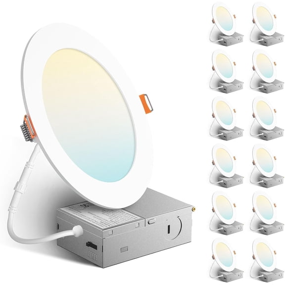 12 Pack 6 Inch 5CCT Ultra-Thin LED Recessed Ceiling Light with J-Box, 2700K/3000K/3500K/4000K/5000K Selectable, 12W=110W, Dimmable Canless Downlight, 1050LM High Brightness