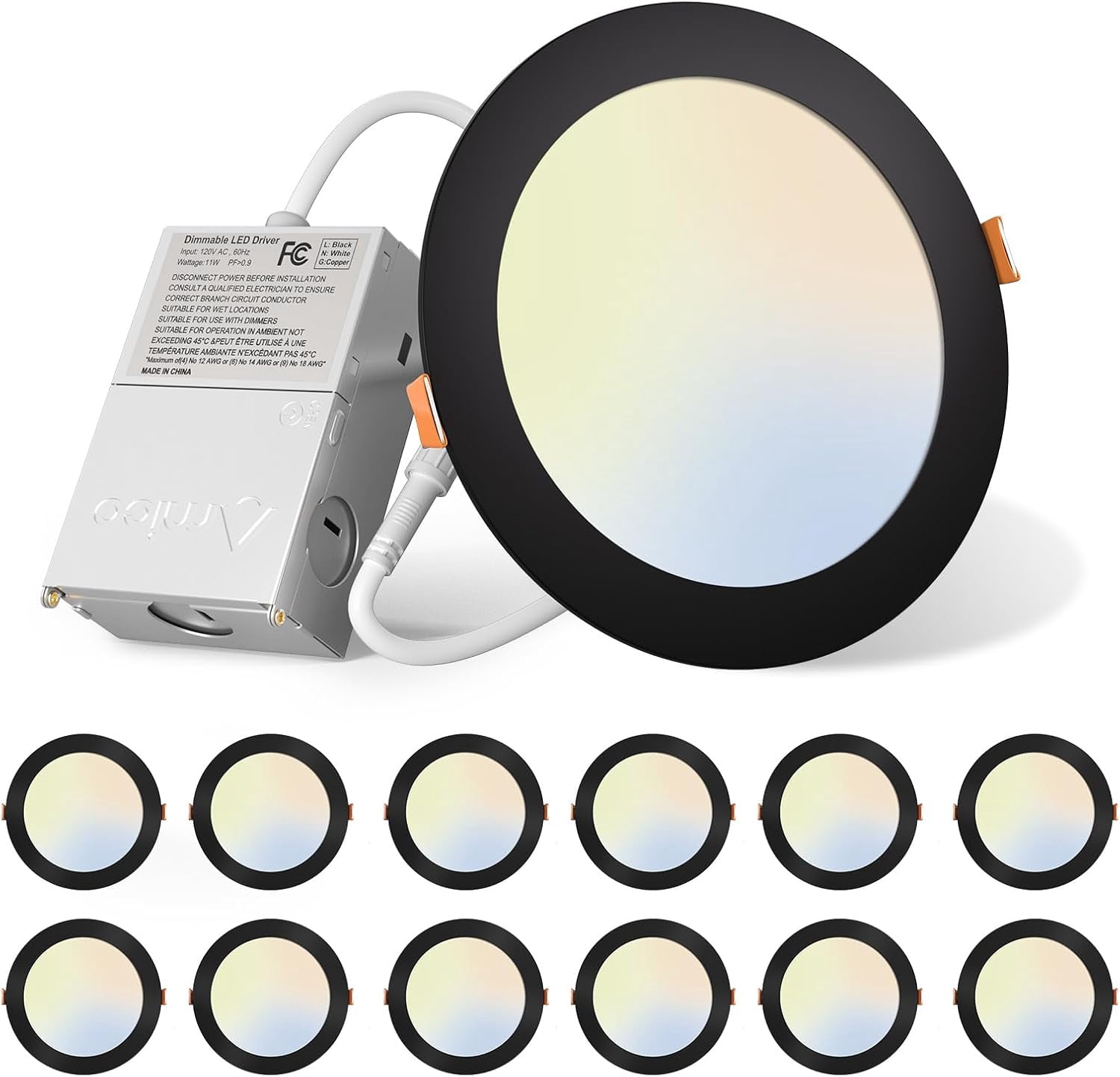 TORCHSTAR 12-Pack 6" Ultra-Thin LED Recessed Lights - Selectable Color (2700K-5000K), Dimmable, 12W 1000lm, Oil Rubbed Bronze, IC Rated