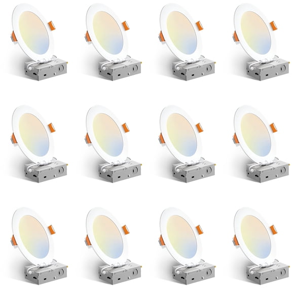12 Pack 6 Inch Ultra-Thin LED Recessed Ceiling Light, 12W 1050LM 5CCT Selectable Dimmable Canless Wafer Downlight with Junction Box