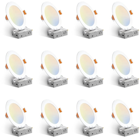 12 Pack 6 Inch Ultra-Thin LED Recessed Ceiling Light, 12W 1050LM 5CCT Selectable Dimmable Canless Wafer Downlight with Junction Box