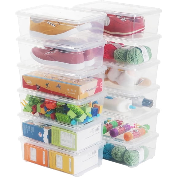 12 Pack 6 Quart Stackable Plastic Storage Shoebox, Nestable Container to Organize Shoes, See-Through Box for and Office, Multi-Purpose Storage Case (Transparent)