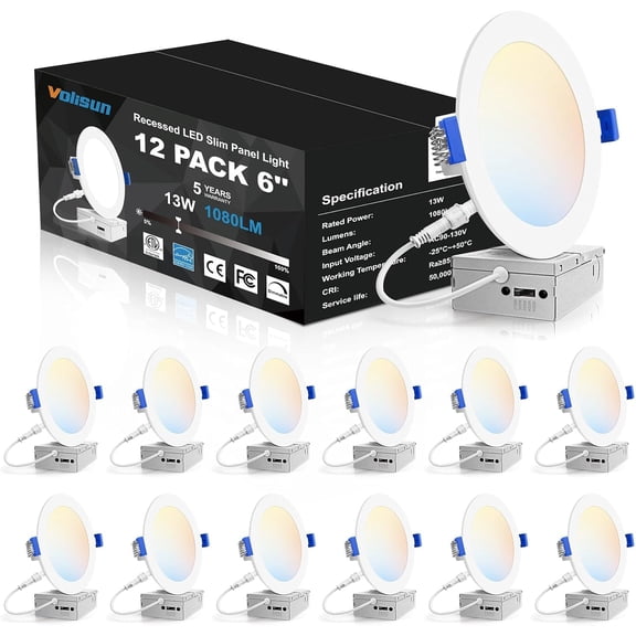 12 Pack 6 inch Recessed Lighting, 5CCT LED Recessed Light with Junction Box, 2700K-5000K Selectable, 13W Eqv 120W, 1080LM Dimmable Canless Wafer Downlight, LED Ceiling Light ETL Certificated
