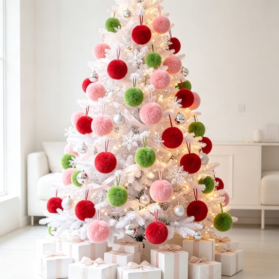 12-Pack 6cm Soft Fluffy Christmas Ball Ornaments with Hanging Rope for Tree Wreath Party Decor