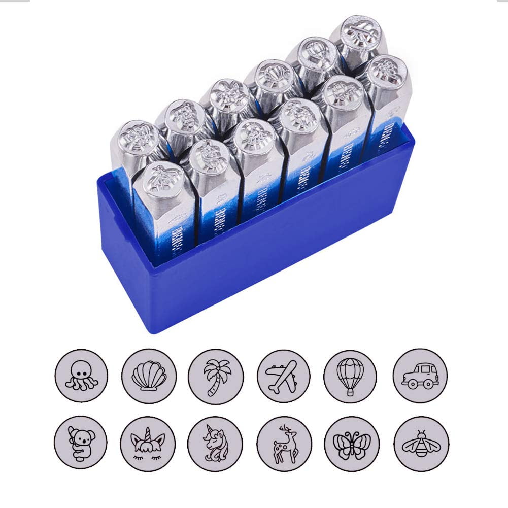 12 Pack (6mm 1/4") Metal Design Stamps Punch Stamping Tool (Holiday with Animal Theme) - Electroplated Hard Carbon Steel Tools to Stamp/Punch Metal Jewelry Leather Wood for DIY