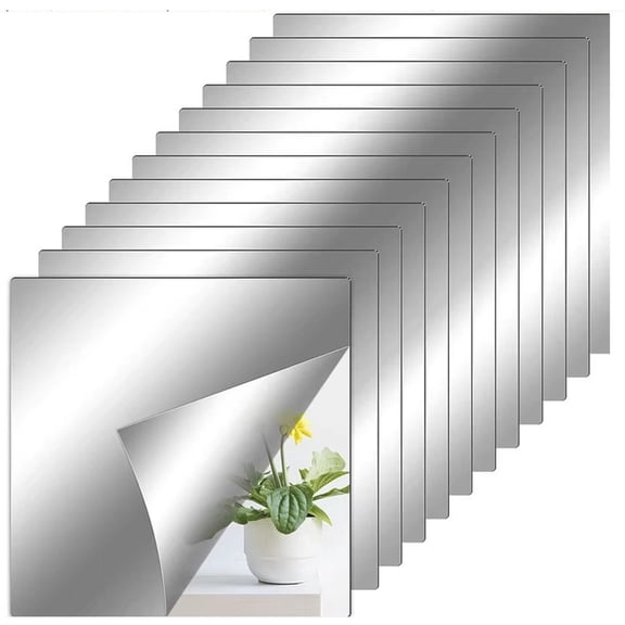 12 Pack 6x6 Inch Acrylic Flexible Mirror Sheets, Self-Adhesive Cuttable Mirror Tiles, Non-Glass Safe Reflective Wall Stickers for Home Wall DIY Decor & Craft Projects