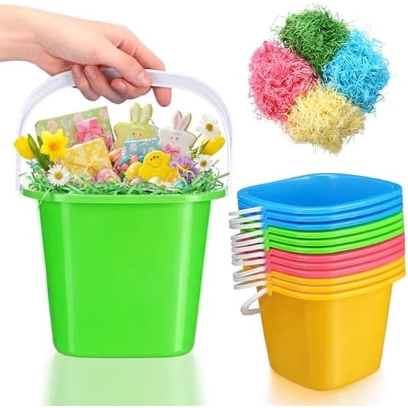 12 Pack 7.5 Inch Easter Buckets for Egg Hunt with Raffia Grass Plastic Easter Basket with Handles Colored Square Pails Bulk for Party Favors Themed Supplies Festive Decorations Friend Gift