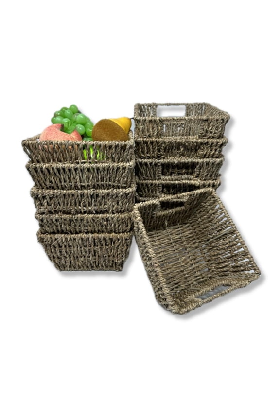 12 Pack 8.5" Square Natural Sea Grass Baskets Handmade Handwoven Storage Trays for Bathroom, Pantry, Shelf, Closet, Office, Decorative & Food Display and Organizer Bulk Supply Set