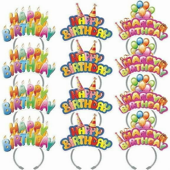 12 Pack 8×7 Inch Happy Birthday Headbands 3 Patterns for Celebrating Birthdays Fashion Accessories Aluminium Colorful