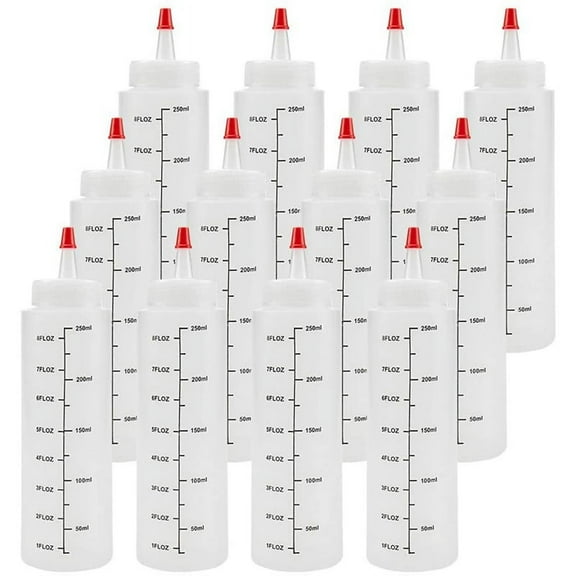 12-Pack 8 Condiment Squeeze Bottles with Red Tip Cap - Plastic Squirt for Ketchup, Sauces, Syrup