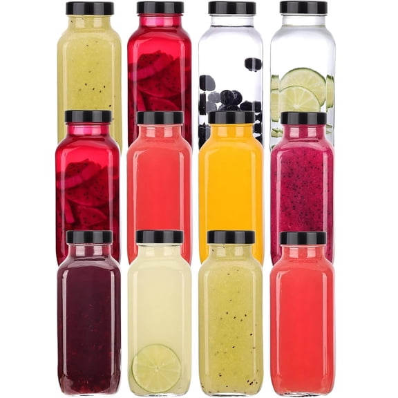 8 oz 12 Pack Glass Travel Bottles With Black Lids, Reusable Drink Jars For Juicing And Storage