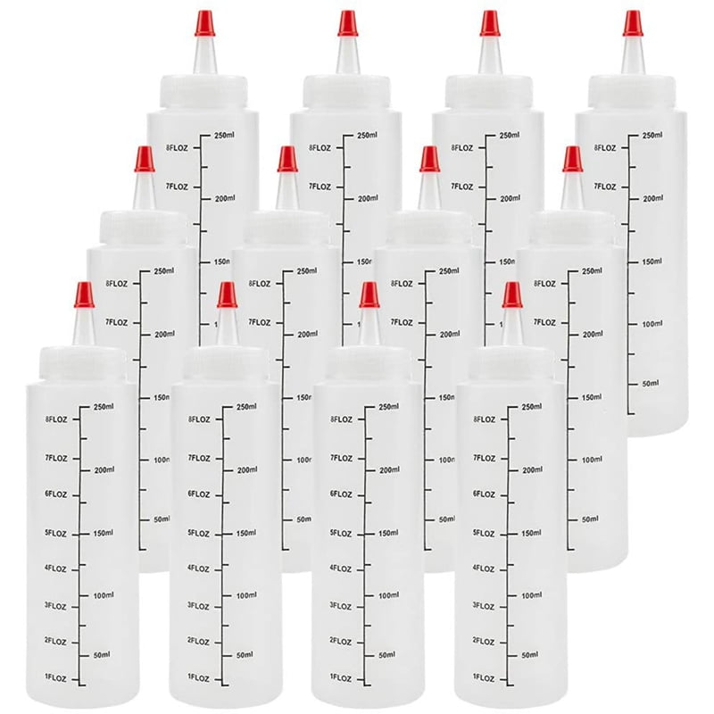 12Pack 8 Oz Squeeze Bottles with Red Tip CapPlastic Squirt Bottle