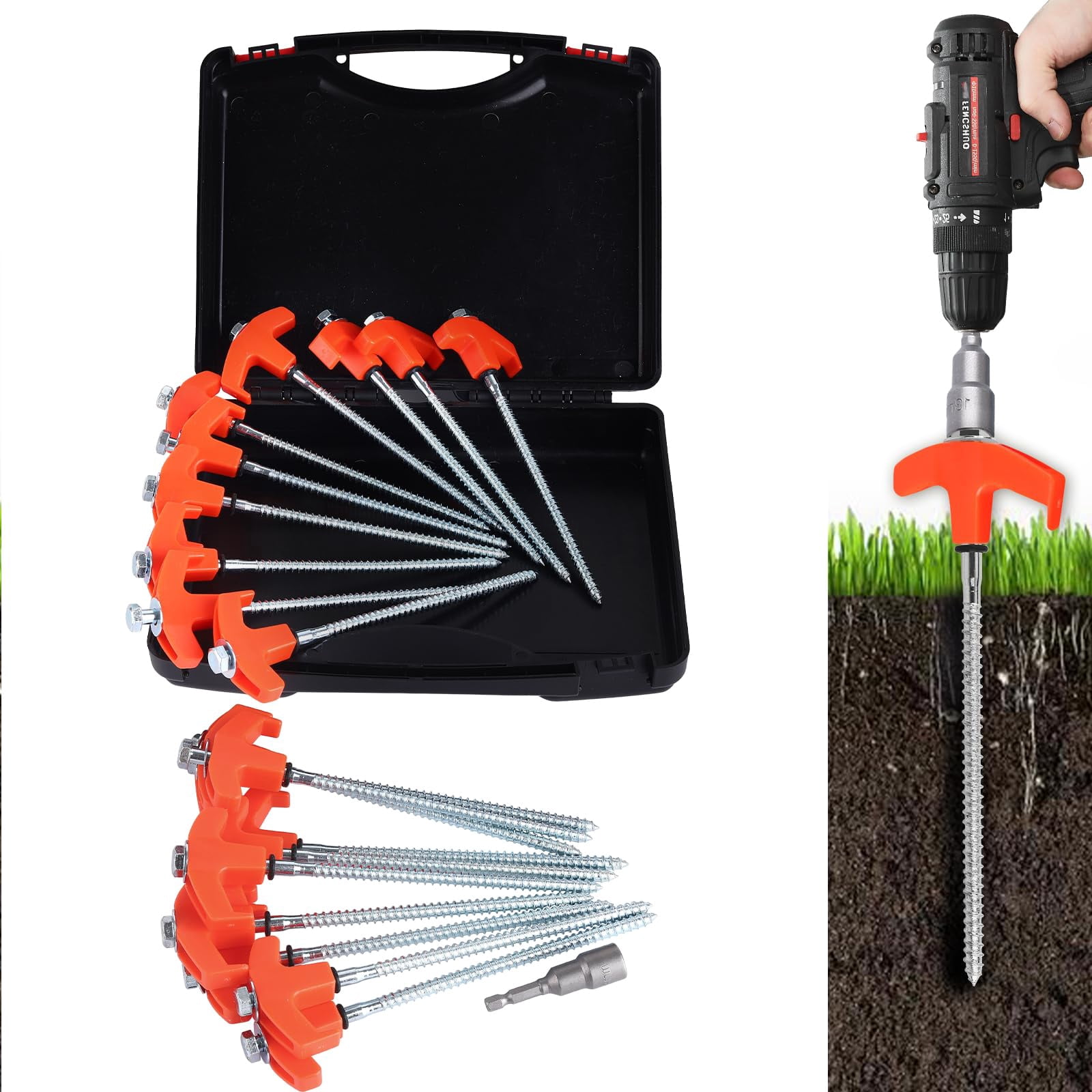 12 Pack 8" Screw in Tent Stakes with Hex Heads – Heavy Duty Stainless Steel Tent Pegs Ground Anchors with Drill Socket for Camping