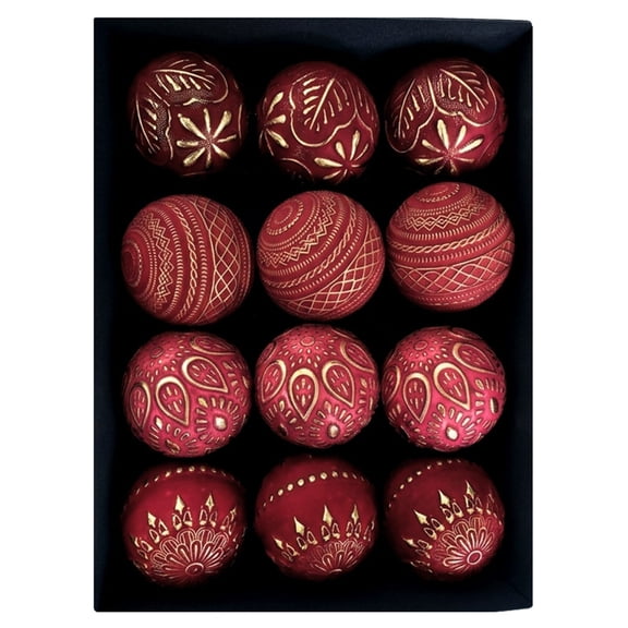 12-Pack 8 cm (3.15 in) Burgundy Flocked Christmas Ball Ornaments, Boxed Velvet-Look Hanging Baubles with Vintage Holiday Patterns, Christmas Tree, Wreath, Garland, Holiday Party and Home Decor